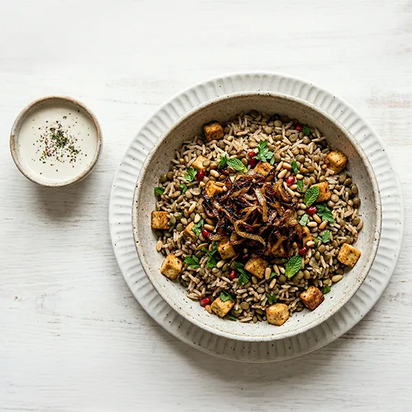 Lentil & Tofu Mujadara with Caramelized Onion & Laban Sauce